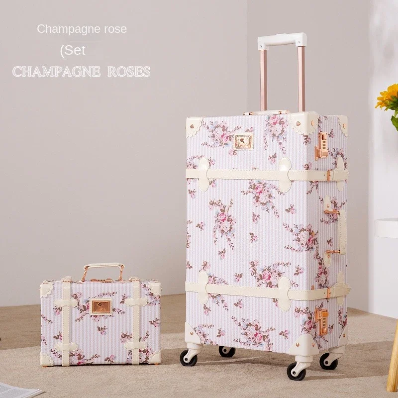 Nova mala de viagem retrô feminina, conjunto de mala de luxo pu com estojo de maquiagem pequeno, bagagem floral, mala de cabine sobre rodas, 20 espaços