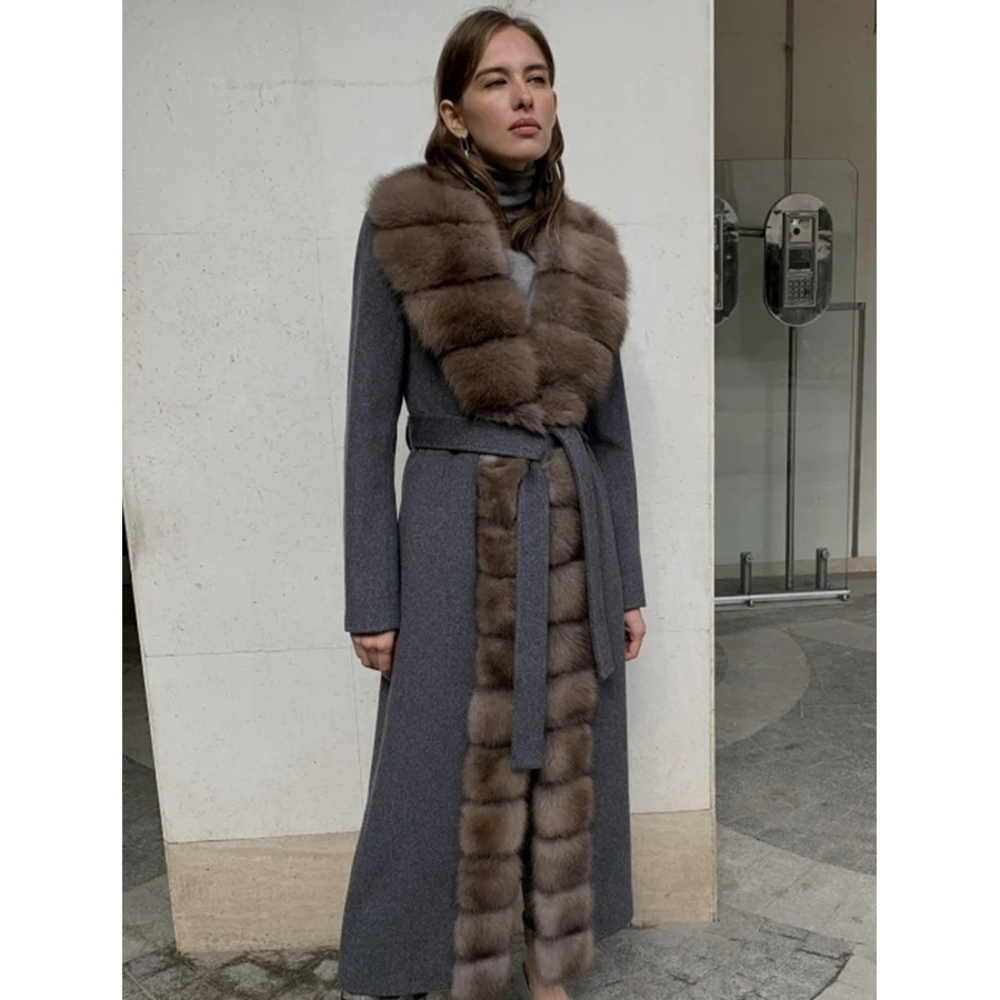 Damen Woll misch mantel mit Fuchs pelz Kaschmir Woll mantel Winter lange echte Fuchs Pelzmantel Luxus Neuankömmling 2024