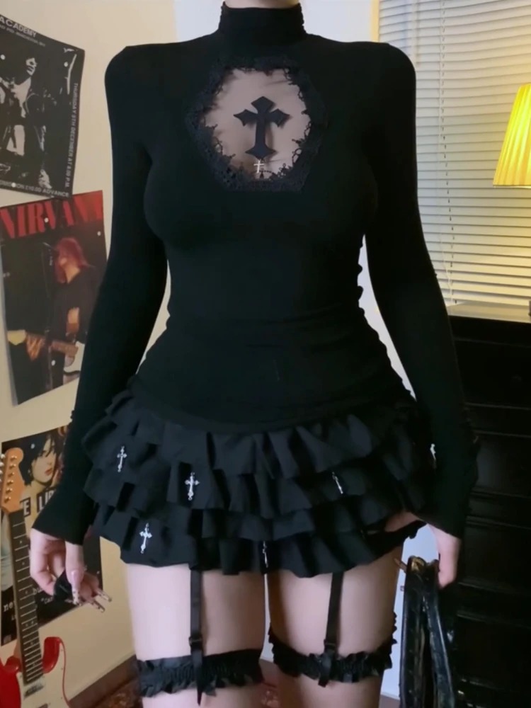 Top de gola alta y2k roupas preto gótico cruz oco emagrecimento inferior t camisa para mulheres manga longa sexy camiseta meninas topos