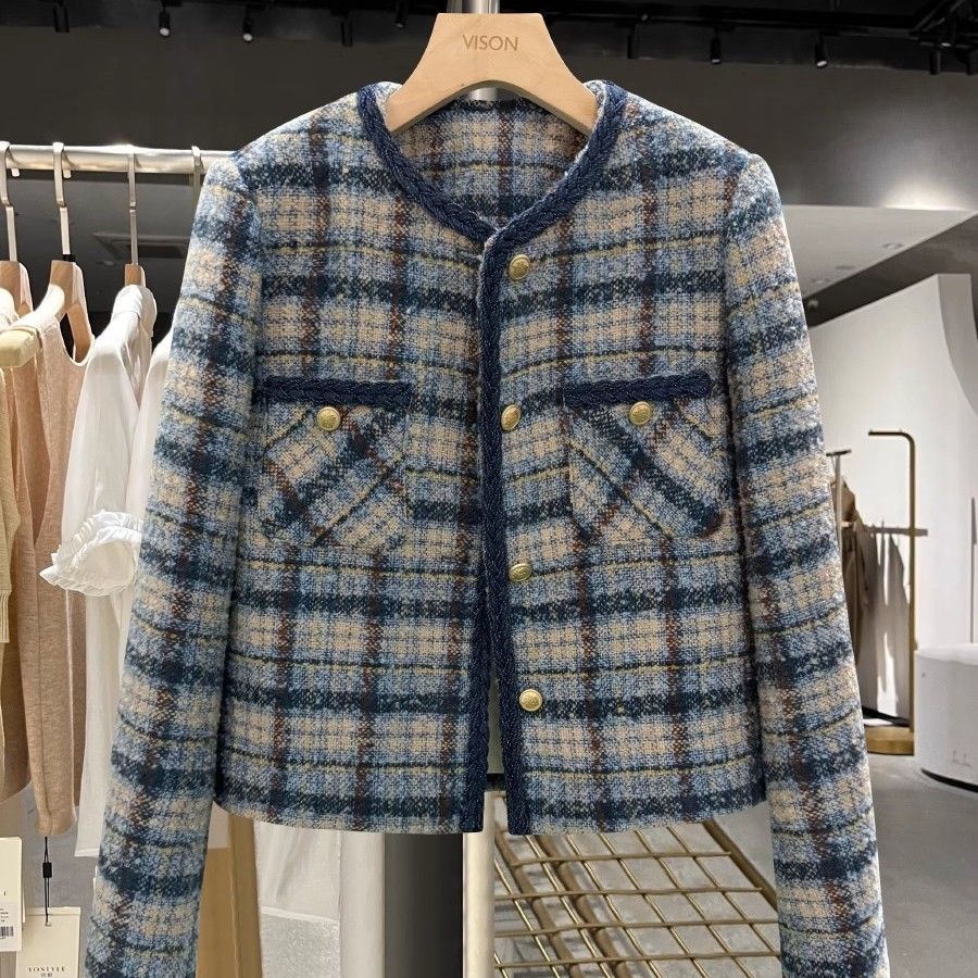 Blauer Kurzmantel für Damen, klein, 2024, Herbst und Winter, neuer britischer Stil, dicke Karos, modisches Oberteil