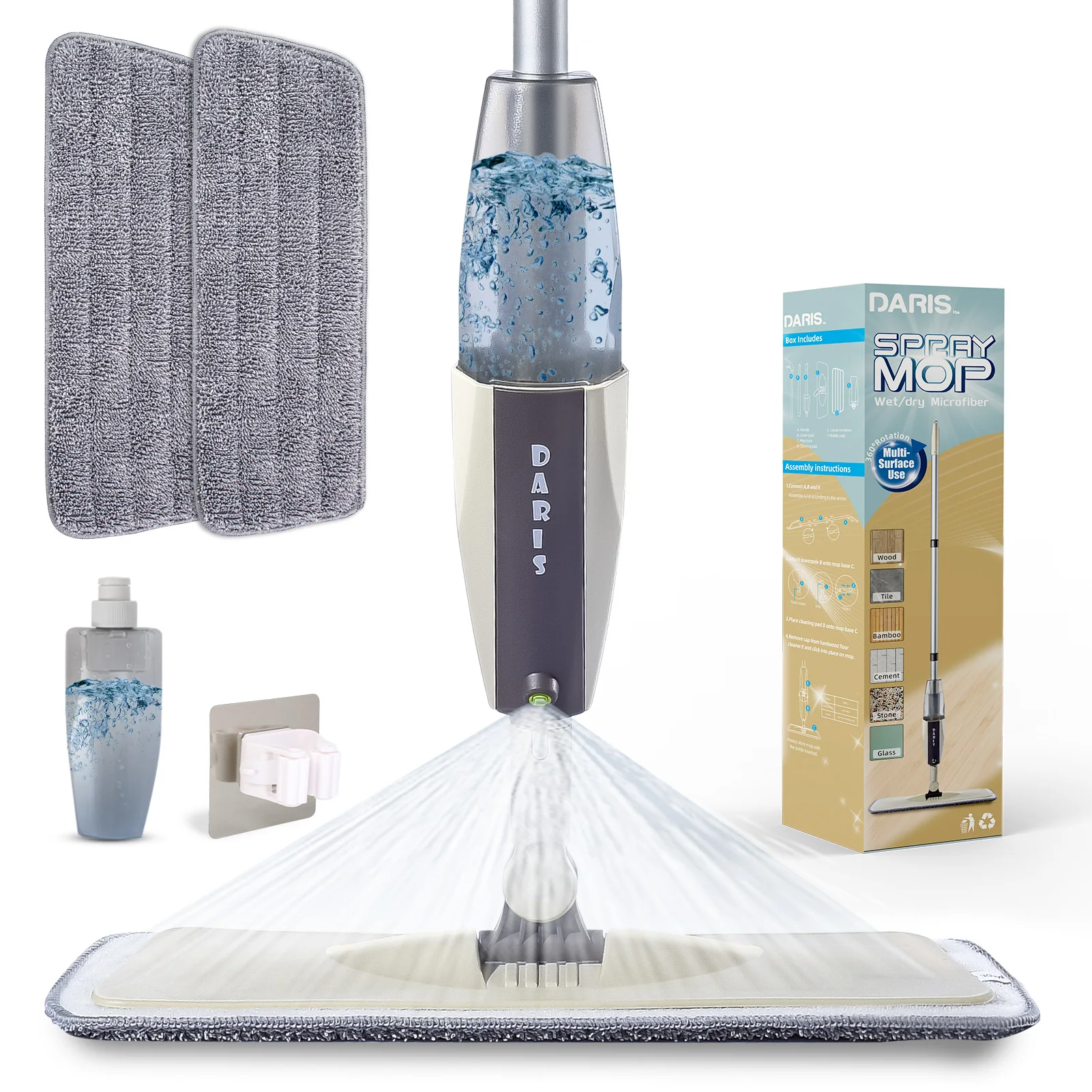 Mopa de suelo con pulverizador y almohadillas de microfibra reutilizables, Fregona con mango que gira 360.º, para el hogar, cocina, azulejos de cerámica, madera laminada, limpieza de suelos