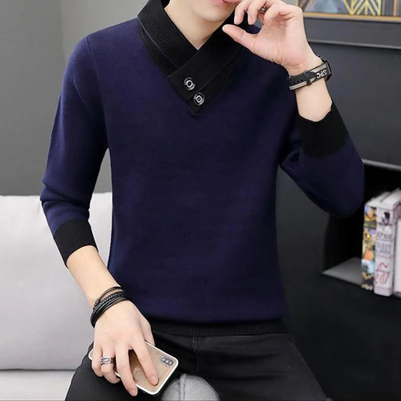 2023ฤดูใบไม้ร่วงฤดูหนาวผู้ชายเสื้อคอเต่าแขนยาวหนาเสื้อกันหนาวเกาหลีสีทึบSplicedถักPulloversชายเสื้อผ้า