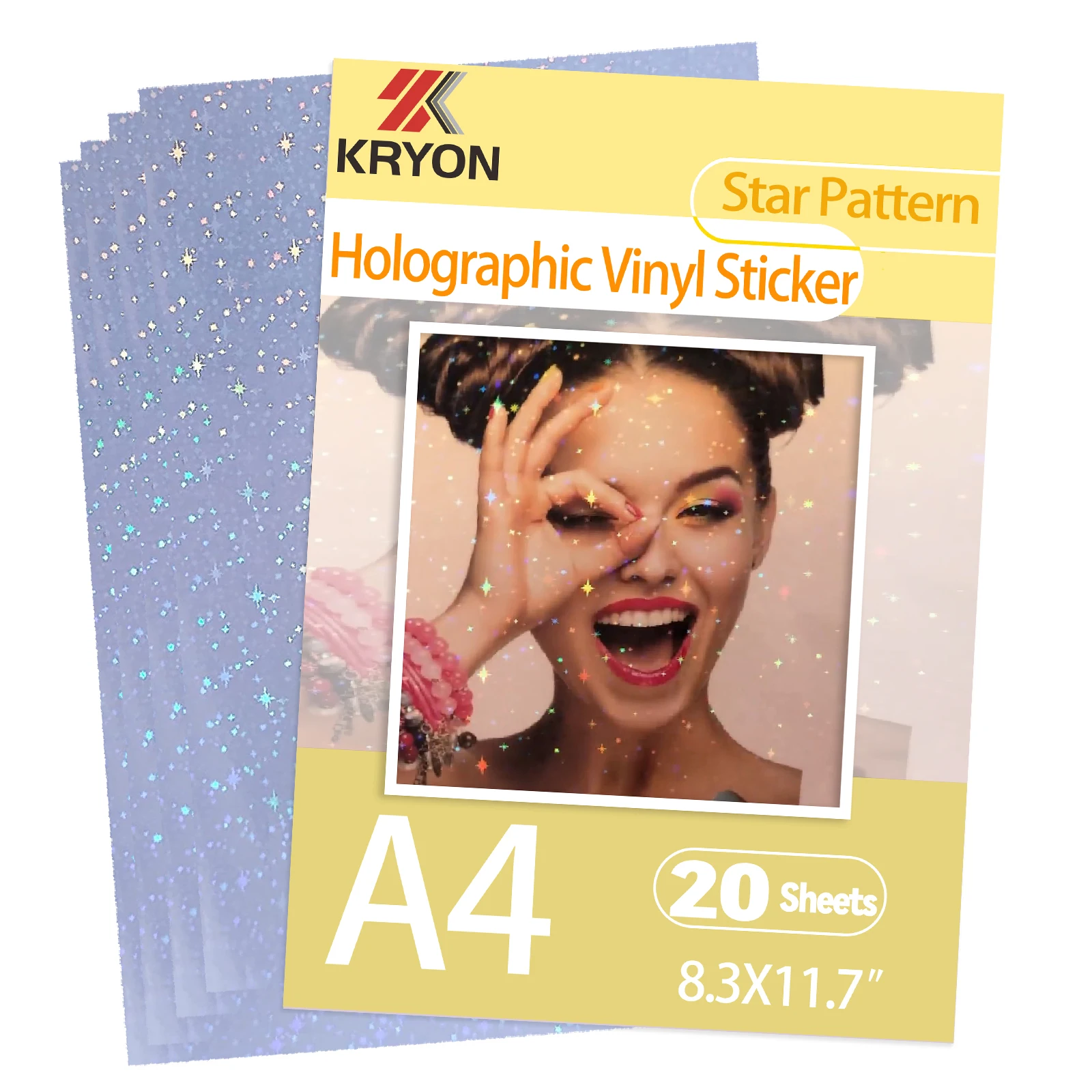 KRYON A4 20 fogli con motivo a stella Dimensioni: 8,3x11,7 pollici 210x297 mm Pellicola adesiva olografica con glitter trasparente per laminazione a freddo