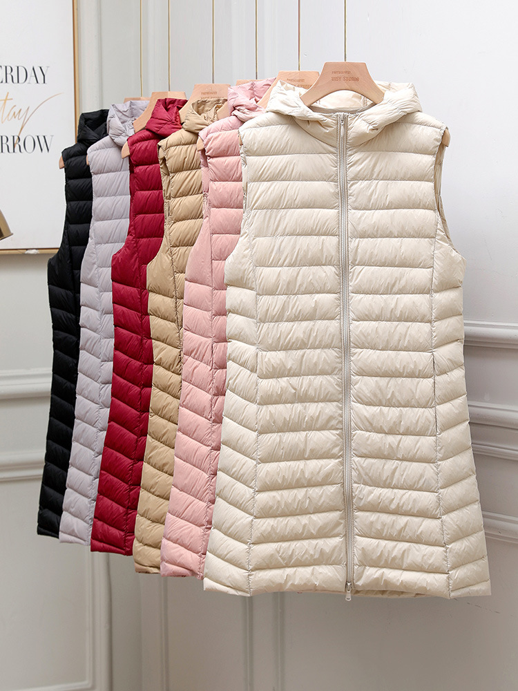 0-10 ℃   Coletes femininos 2024 outono inverno ultraleve pato para baixo coletes portátil com capuz acolchoado sem mangas casacos puffer forro longo