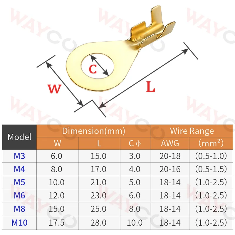 100 Cái/lốc M3 M4 M5 M6 M8 M10 Điện Dây Kết Nối Dây Ổ Vòng Đầu Vàng Đồng/Bạc Không cách Nhiệt Lọn Uốn Termin