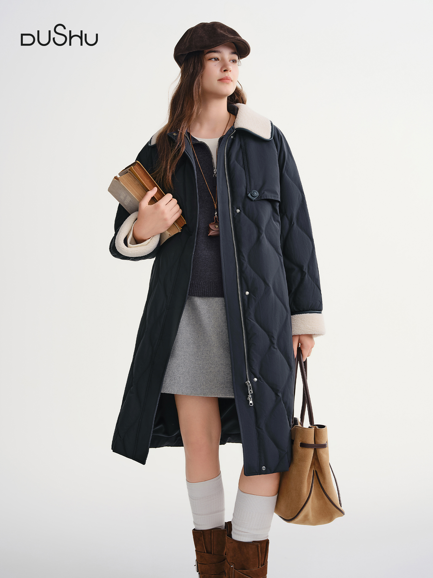 DUSHU Neue Damen-Vintage-Farbblock-Daunenjacke, 2025, Winter, warm, weiße Entendaunenmantel, lässiger Outdoor-Parka für den täglichen Pendelverkehr