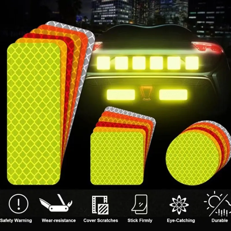 10 Uds. Pegatinas reflectantes para parachoques de coche, cinta reflectante de advertencia, pegatinas reflectoras seguras, pegatinas exteriores para motocicleta