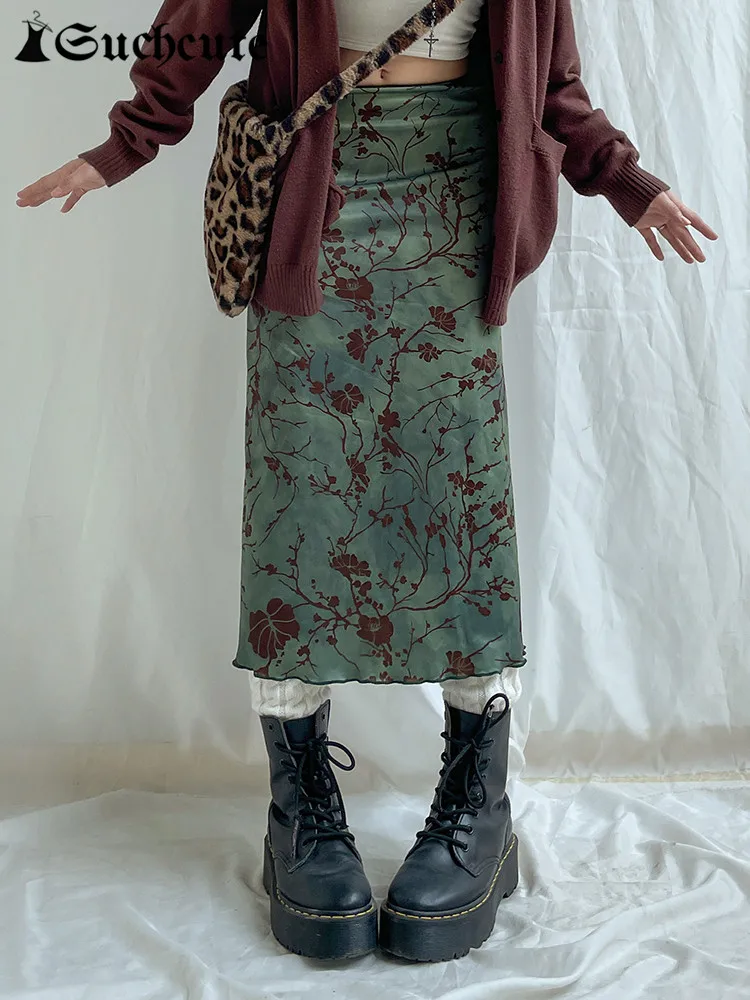 SUCHCUTE y2k Vintage Stampa Floreale Midi Gonne Donna Harajuku Fairycore Verde Dritto Maxi Gonna Estetica Dolce Vestiti Della Ragazza