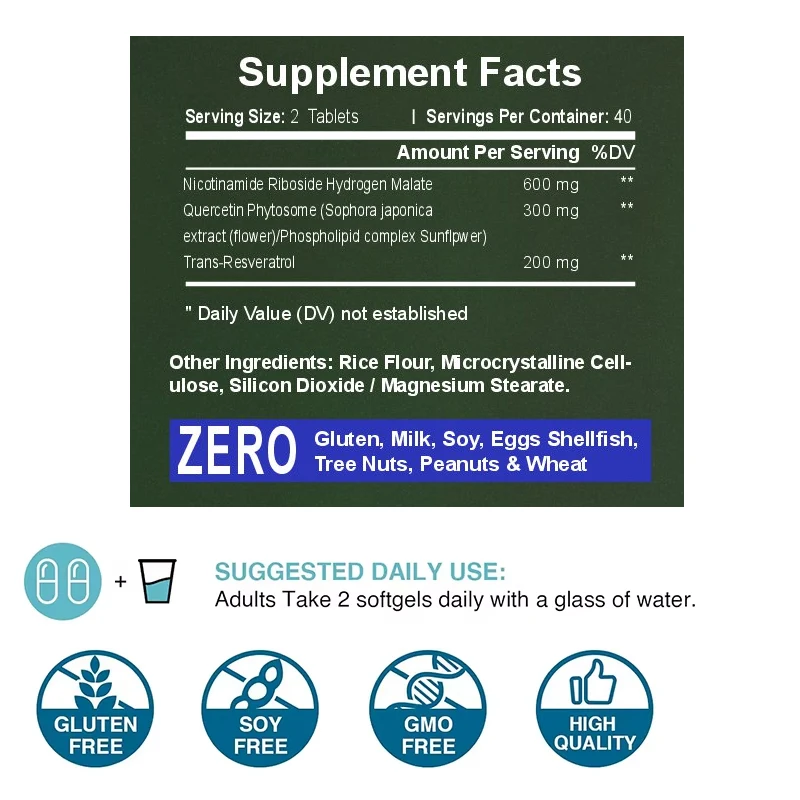 NAD+ Supplements with Resveratrol,1100mg Tablet Resveratrol Capsule, Anti-aging and Cellular Health, Strengthens Immune System