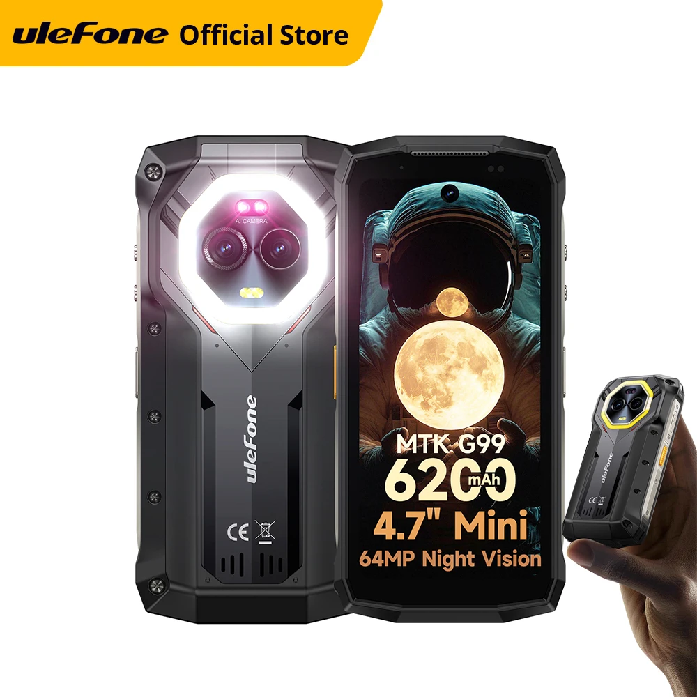 Ulefone Armor mini 20 4G สมาร์ทโฟนหน้าจอ 4.7 นิ้วที่ทนทาน กล้องถ่ายภาพกลางคืน 64MP ไฟ LED อเนกประสงค์ ระบบปฏิบัติการ Android 14 แบตเตอรี 6200mAh แรม 16GB（8+8）รอม 256GB 33W