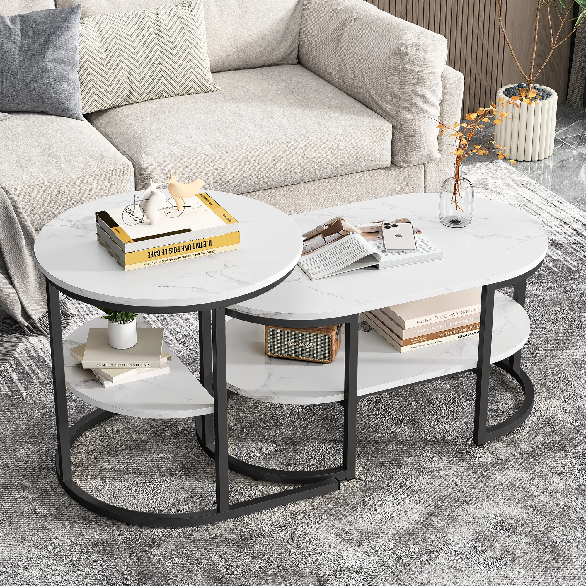 Anajqaqia Ensemble de tables basses modernes Tables d'appoint rondes 80x46x41cm 52x52x51cm