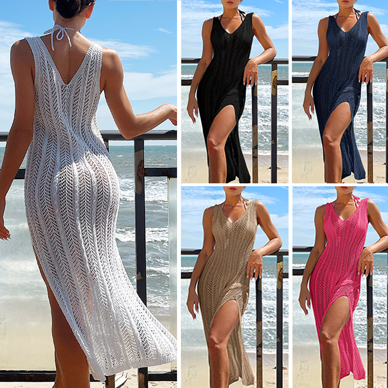 2024 verão senhoras férias oco para fora robe feminino chique sólido malha maxi vestido moda sem mangas sexy praia cobrir vestidos