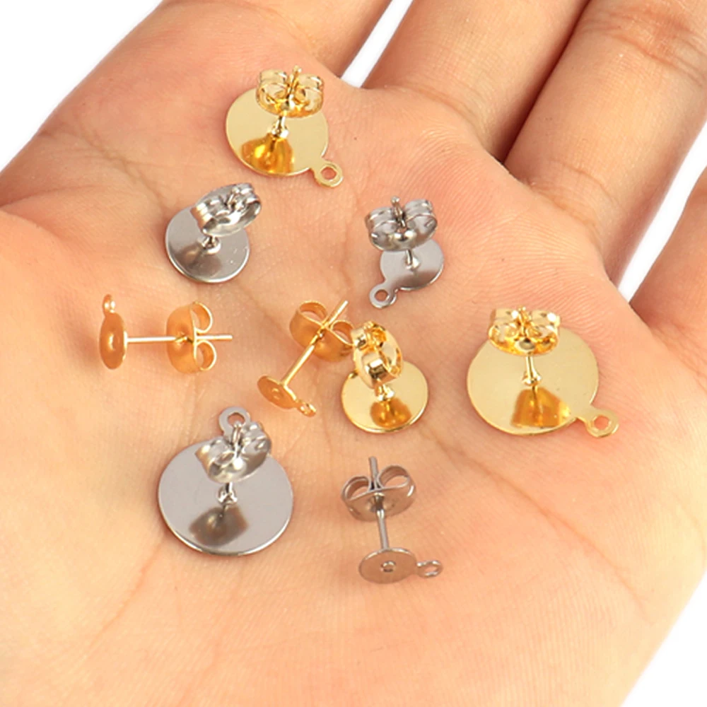 50-100 unids/lote pendientes de acero inoxidable pines de Base de poste en blanco con conector trasero de oreja para fabricación de joyería DIY