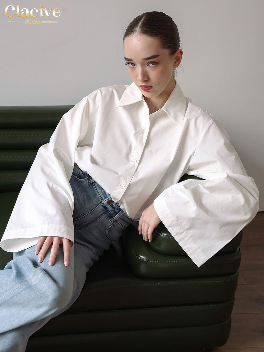 Clacive moda solta blusa feminina de algodão branco 2025 casual lapela camisa de manga longa elegante clássico sólido topo roupas femininas