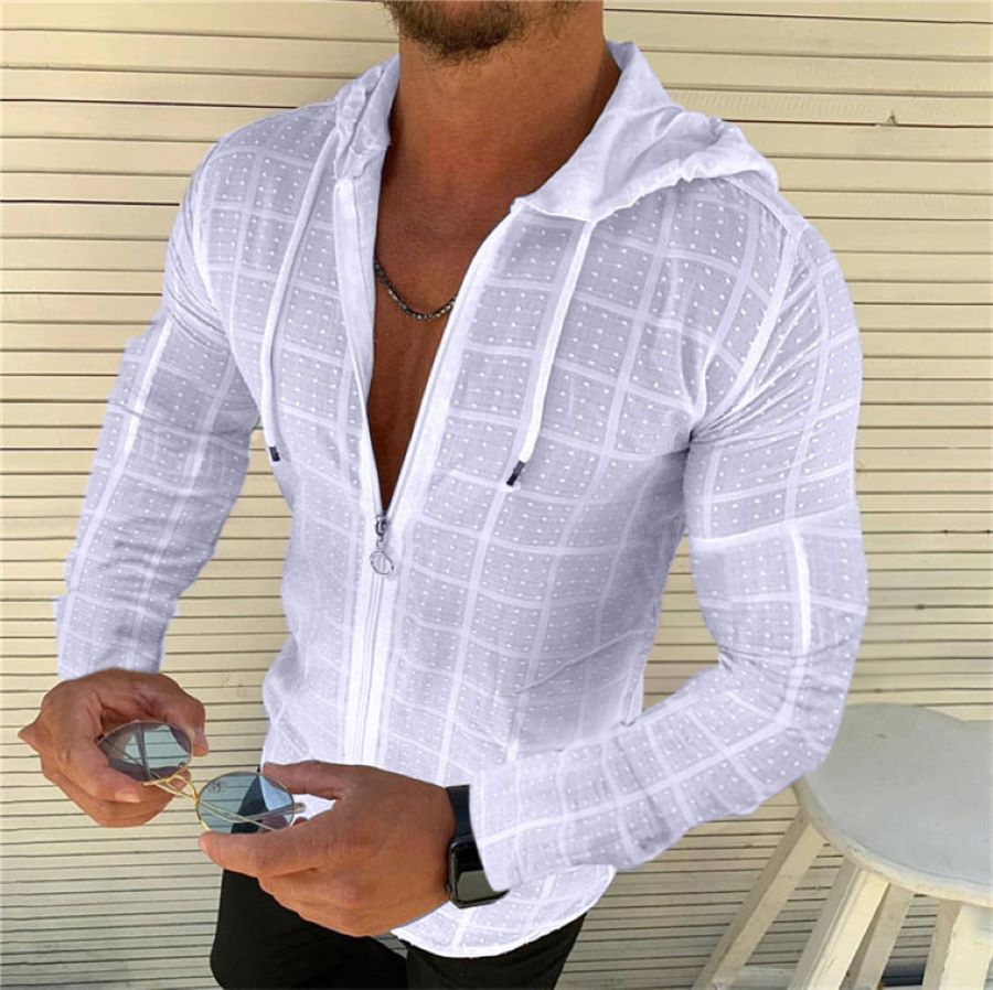 Sudadera con capucha de manga larga para hombre, ropa de protección solar a cuadros de algodón y poliéster, ropa deportiva para persona, moda de playa al aire libre