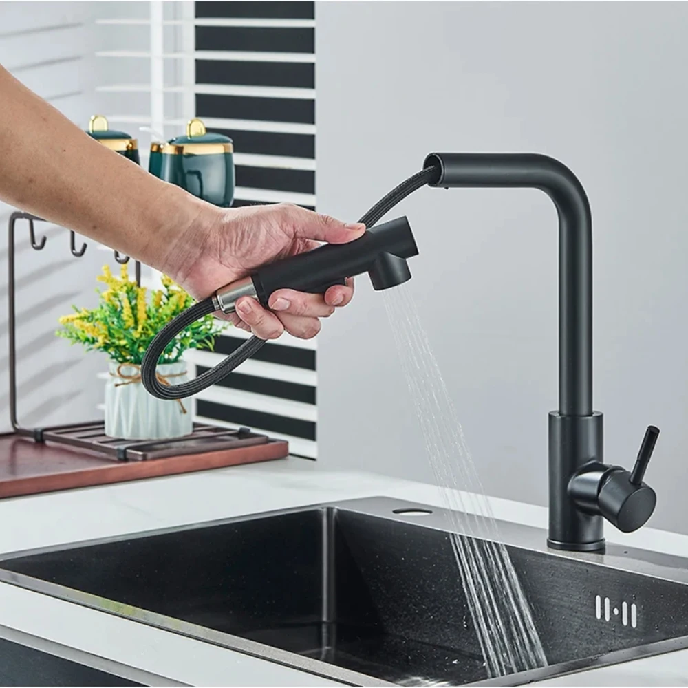 Envío Gratis, grifo de fregadero de cocina extraíble negro, dos modelos, boquilla rociadora de corriente, cubierta de grifo mezclador de agua fría y caliente de acero inoxidable