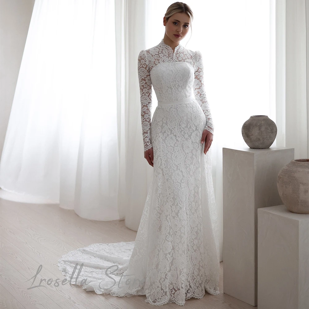 Luxury O-Neck Elegant Close-Fitting Bespoke Gown Lace A-Line Women Cheap Princess International Draped civil wedding dress 2024