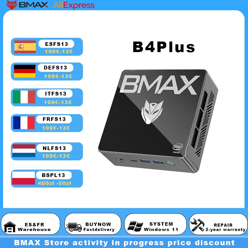 BMAX B4 Plus Mini PC Windows 11 PC Intel N100 16GB 512GB SSD 2*HDMI 1*Type-C Obsługuje 4K@60Hz 750MHz Intel UHD Graphics minipc