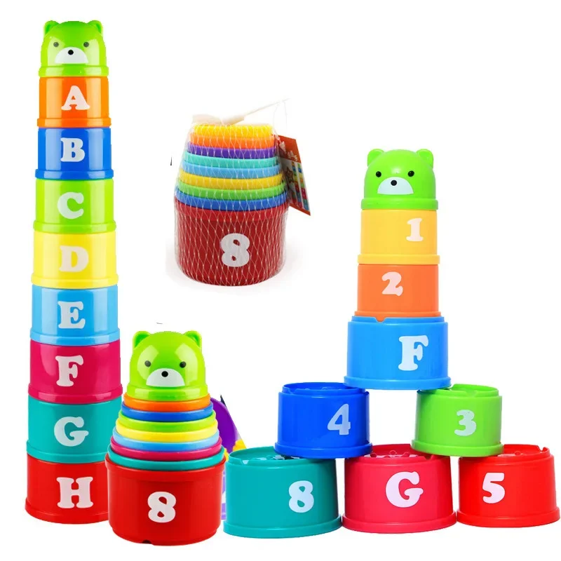 9PCS Spaß Regenbogen Tassen Stapeln Tassen Figur Buchstaben Baby Pädagogisches Spielzeug Spaß Stapeln Turm Mini Bär Kinder Kleinkind spielzeug
