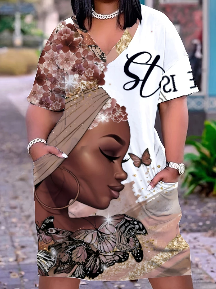 Kleid mit Grafik- und Buchstabendruck in Übergröße, lässiges, kurzärmliges Kleid mit Rundhalsausschnitt, Damenbekleidung in Übergröße