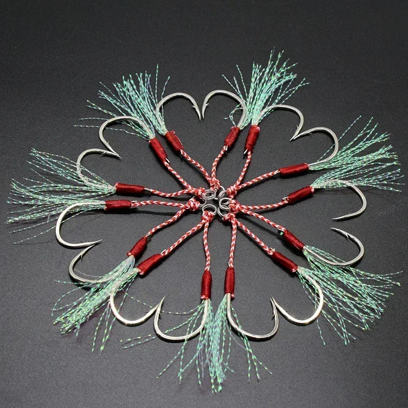 10 pçs/lote gancho de pesca gabarito duplo pairhooks farpado fio pena acessórios pesca aço alto carbono isca de pesca lento jigging