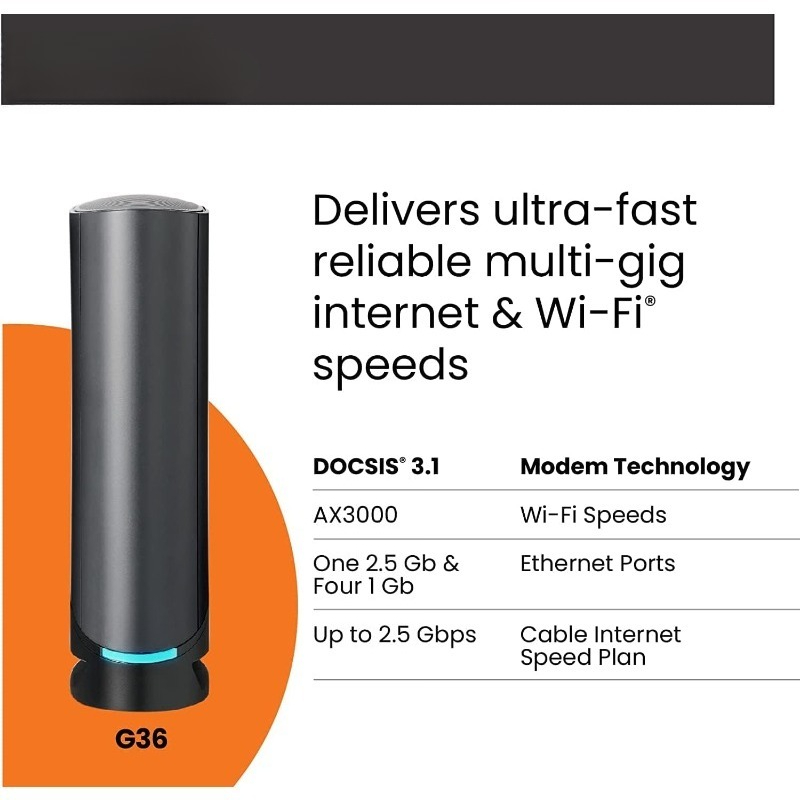 Cable Modem Router Combo - Fast DOCSIS 3.1 Multi-Gigabit WiFi 6 (AX3000), Approved for Comcast Xfinity