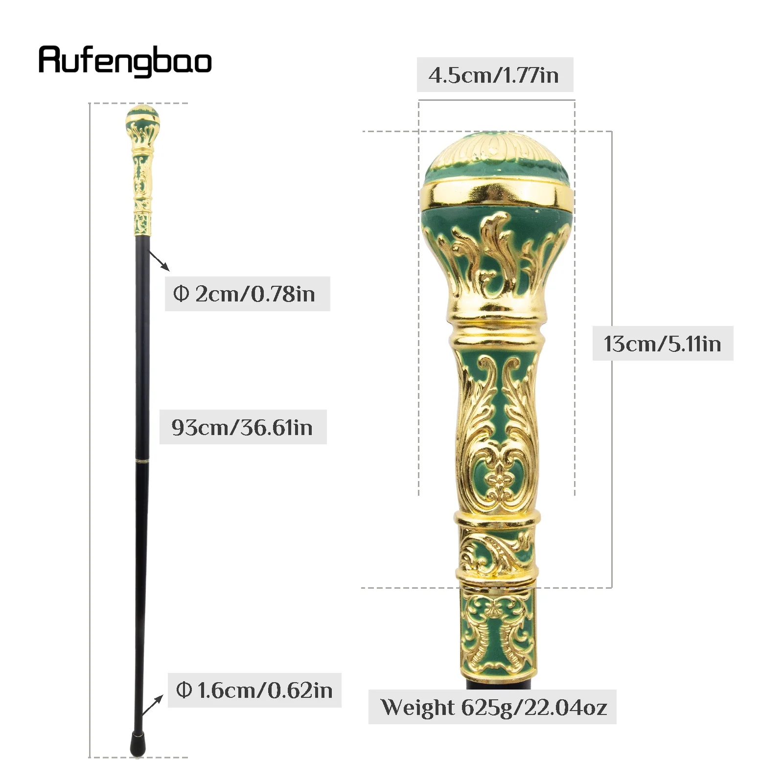สีเขียวทองหรูหรารอบจับแฟชั่นเดิน Stick สําหรับตกแต่งเดิน Cane Elegant Crosier KNOB Walking Stick 93 ซม