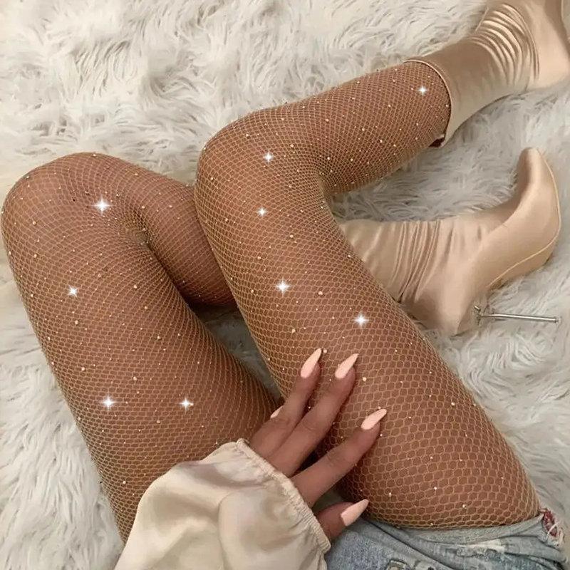 1 paar Strass Fishnet Strümpfe Für Frauen Schwarz Sexy Ultra Sparkly Hohe Taille Strumpfhosen Weibliche Party Leggings DS1155