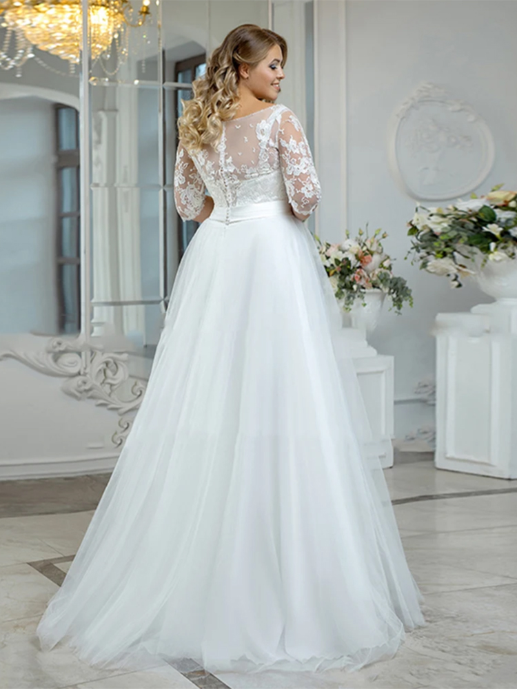 Charming O-Neck Wedding Dresses Plus Size Tulle With Lace Appliques 3/4 Sleeves Bridal Gowns A-Line White Robe De Marié