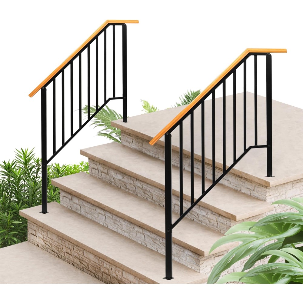 2 Pack 4 Step Handrails for Outdoor Steps, Wrought Iron Stair Railing, Metal Hand Railing with Installation Kit, Staircase Woode