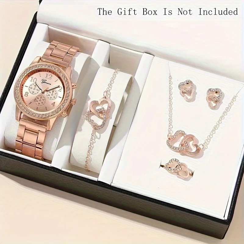 Relógio de quartzo feminino com strass em forma de coração joias, lindo conjunto de 6 peças, 1pc, 5pcs