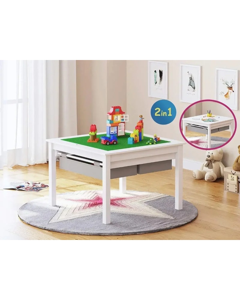 Dual-Purpose Wooden Kids Construction Table with Storage and Chairs, LEGO-Compatible