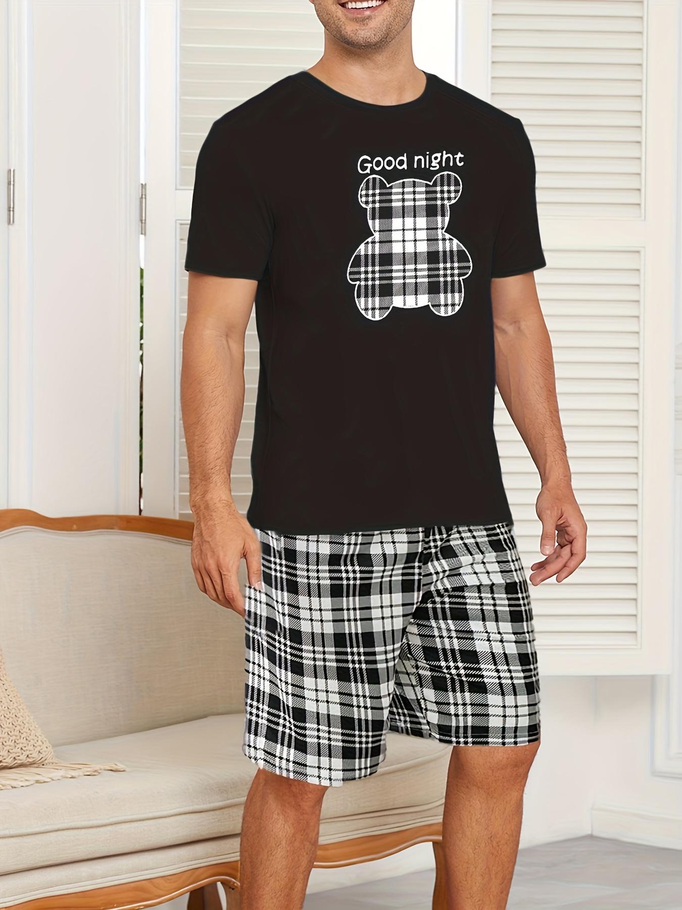 Męski zestaw piżam bawełnianych z nadrukiem niedźwiedzia z kreskówek – koszulka z krótkim rękawem i pasujące szorty |   Letnia odzież codzienna 2-częściowa