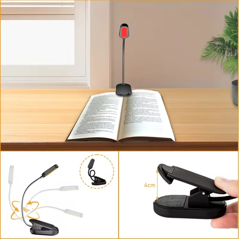 Luz de libro con Clip roja de 620nm, luz de lectura portátil recargable, sin luz azul, cuidado de los ojos para la hora de dormir, luz nocturna para aliviar la migraña
