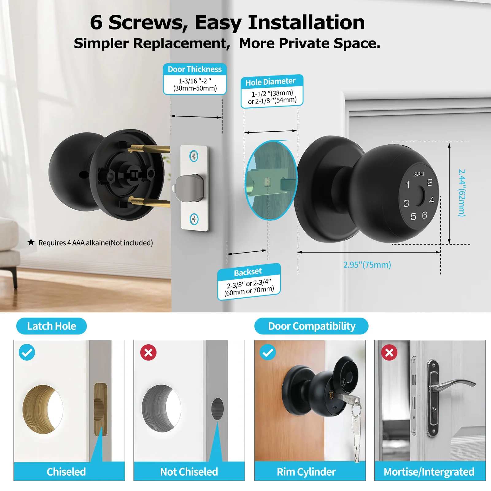Viladepot Ball-Shaped Smart Lock Fingerprint, App-Controlled, Passcode, and Electronic Touchscreen Keypad Door Lock Smart Handle