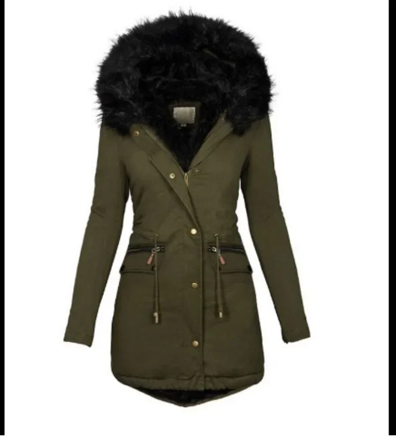 Nueva chaqueta ajustada y delgada para mujer, abrigo de algodón con cremallera cálida de longitud media con capucha y cuello de lana de Color sólido para mujer
