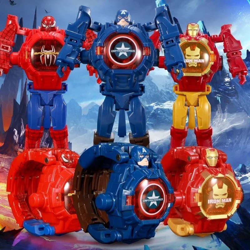Crianças relógios spiderman 24 padrões de projeção brinquedos para menino deformação robô projeção relógio eletrônico crianças presente natal