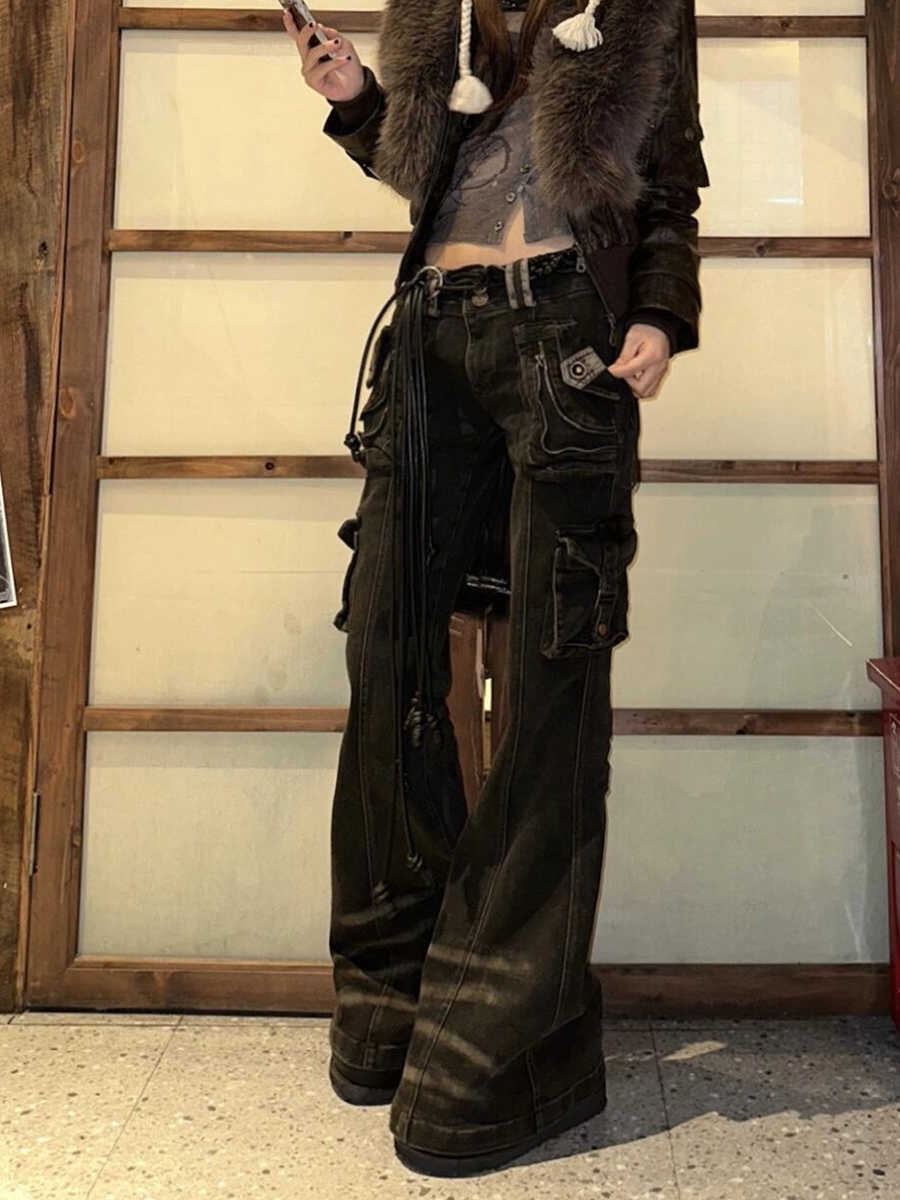 女性韓国ファッションシックなジーンズグランジ日本原宿ギャル Y2K デニムカーゴパンツサイバーパンクヒップポップ 2000 年代美的お転婆