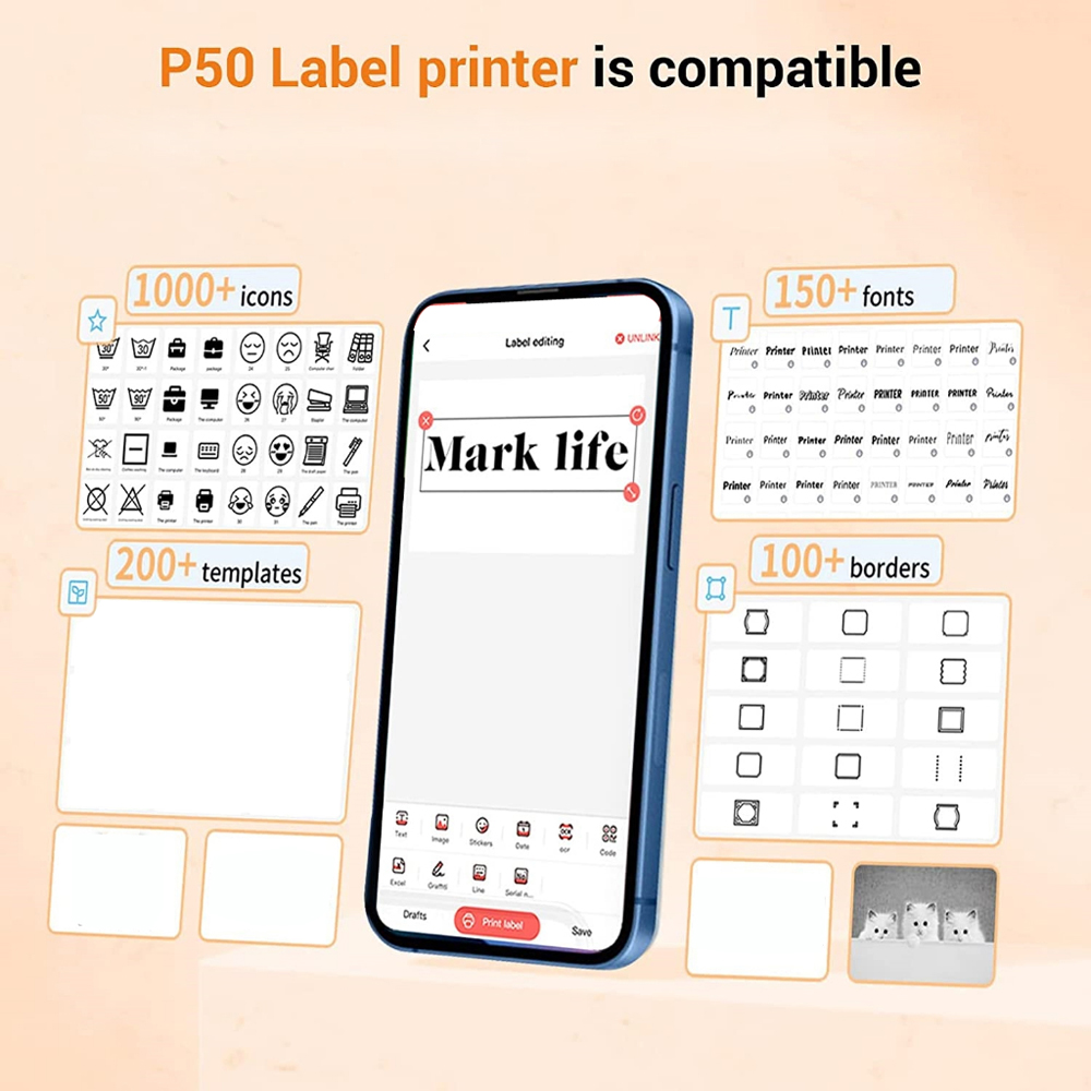 Marklife Mini-Bluetooth-Thermoetikettendrucker D110 B21 P15 ohne Tinte, selbstklebender Aufkleberdrucker für Büro, Küche, Schule