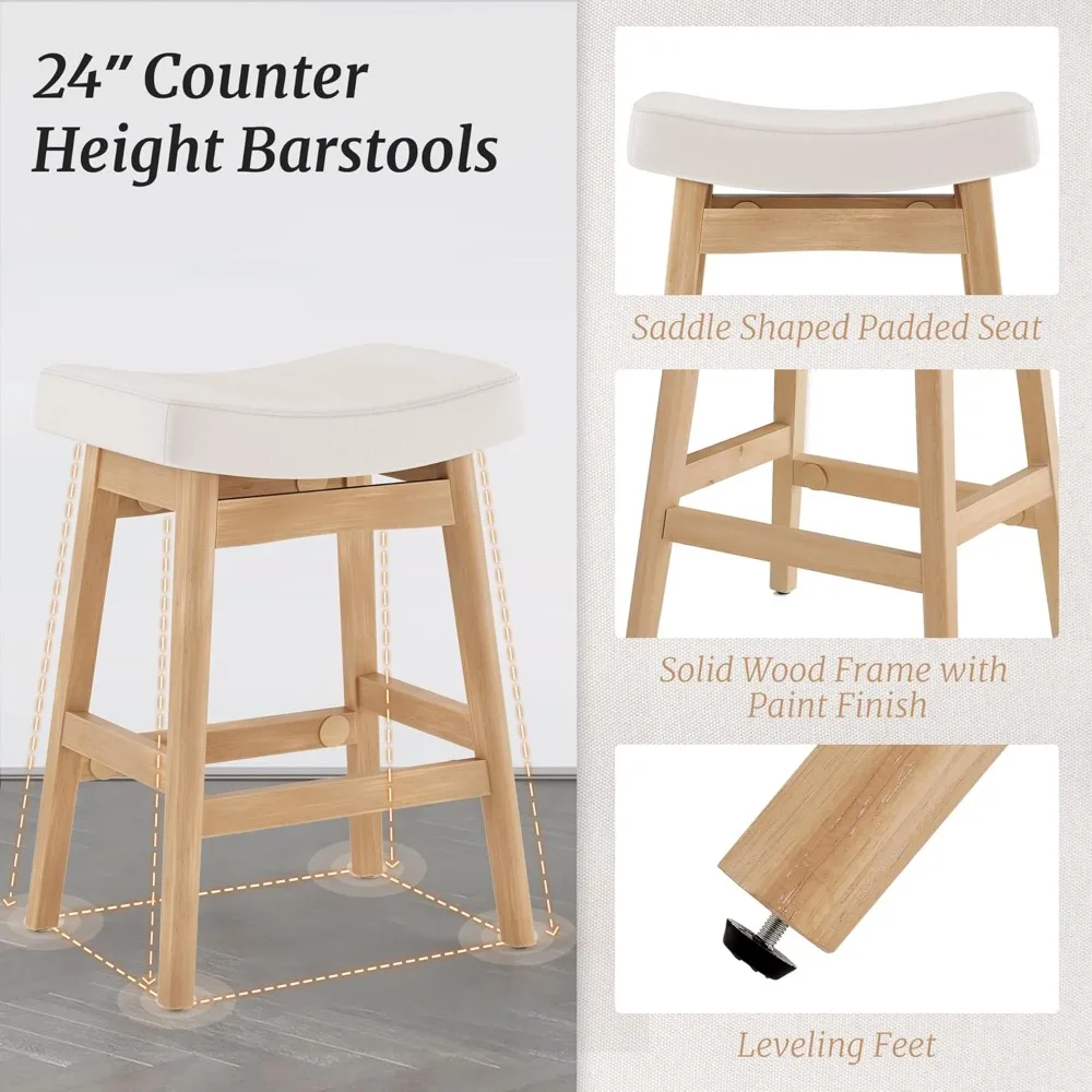 Bar Stools Set of 3, Barstools with Sturdy Wood Legs, Saddle Seat Counter Height Bar Stools 24 Inch Farmhouse Counter Stools