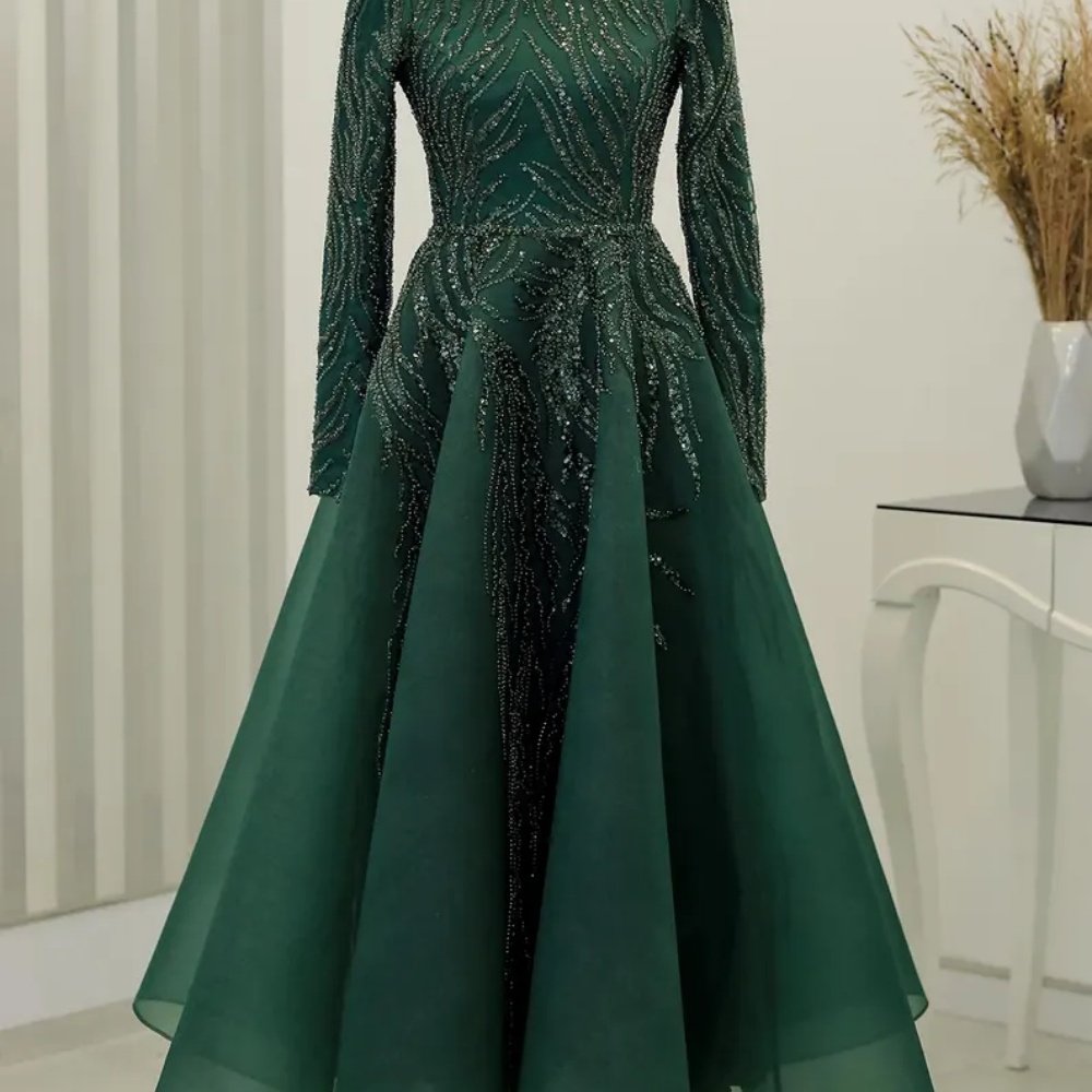 Sansa-Robe de soirée de forme trapèze, tenue de soirée de standing, avec perles et paillettes, longueur au sol, col rond, manches longues, 2024