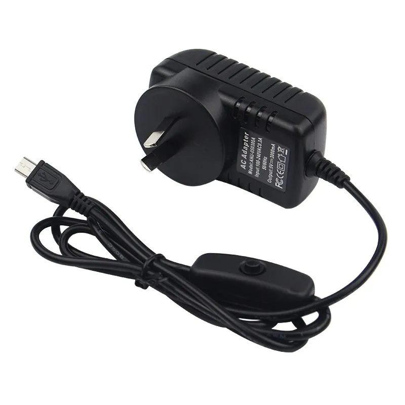 Raspberry Pi 5V 3A Fonte de Alimentação com Botão Interruptor, Adaptador de Alimentação, Porta Micro USB, Laranja Pi Zero 2 W, 3 LTS