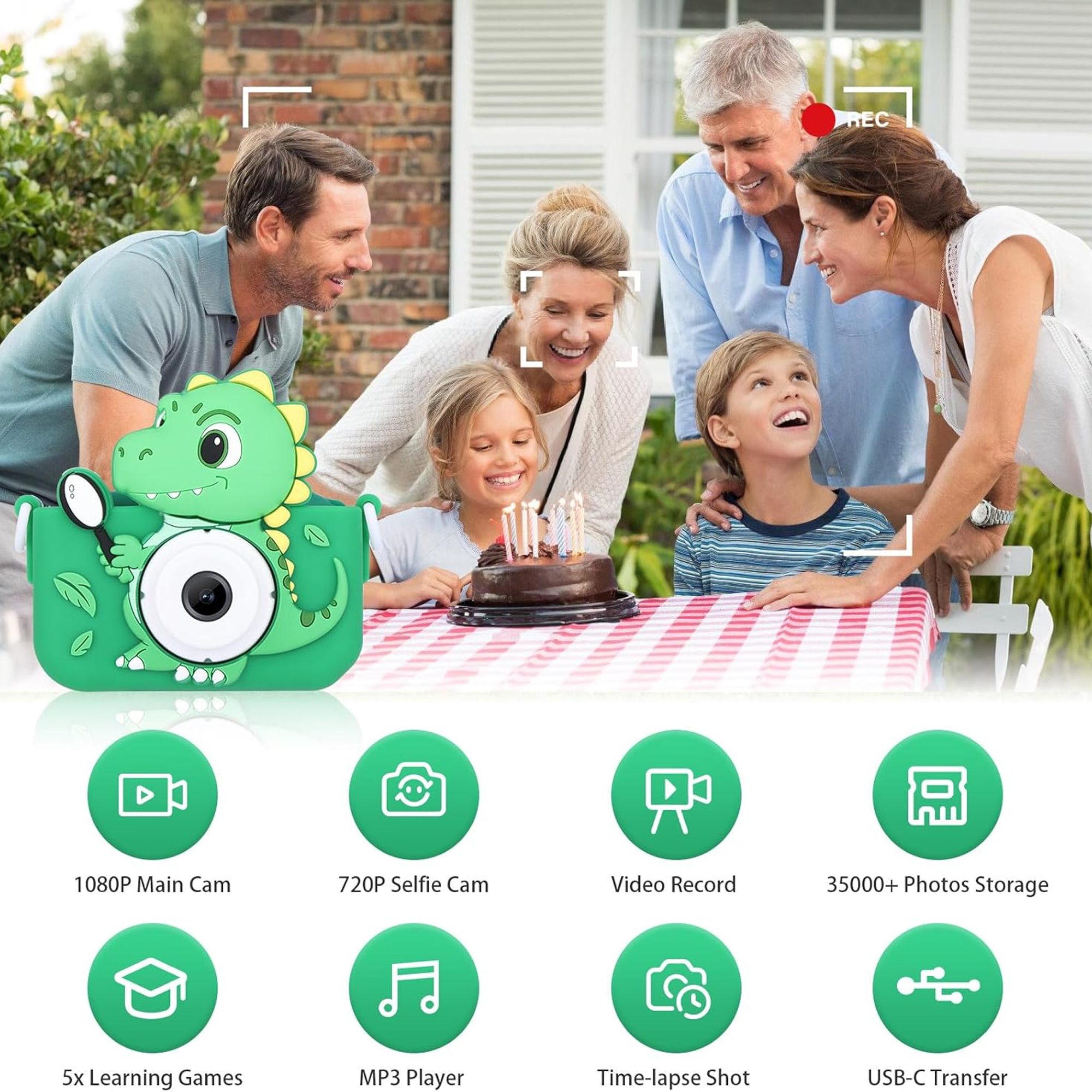 Câmeras de brinquedo infantis de dinossauro, câmera de vídeo hd 1080p, câmera dupla de 48mp com capa protetora de silicone, cartão de 32gb, presente de aniversário para meninos e meninas