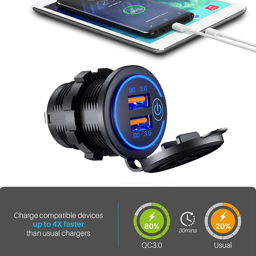 60 ワット高速クイック電話充電器 QC3.0 デュアル USB ソケット電源コンセントスイッチ付き防水 12 V-24 V 車オートバイボート