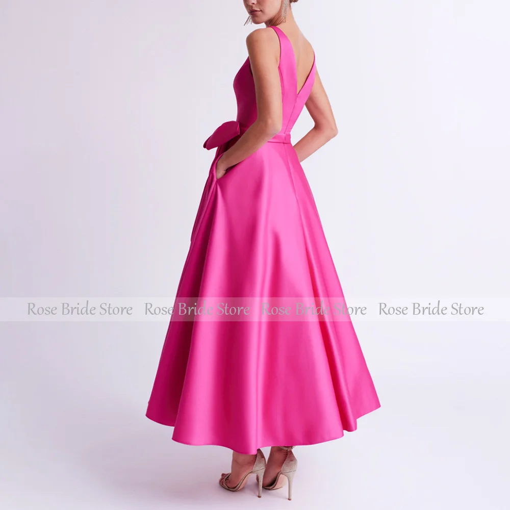 Robe en satin à col en V pour femme, robe trapèze, midi, nœud, poches, robe d'invité de mariage, rose chaud, soirée formelle, mère de la mariée