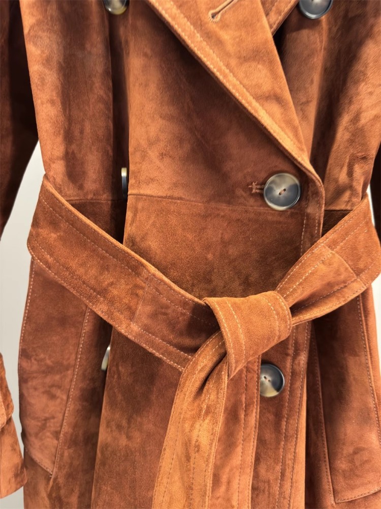 Italiaanse luxe dames lange echte koe suède leren jas met dubbele rij knopen en riem OL werk windjack geul lederen jas