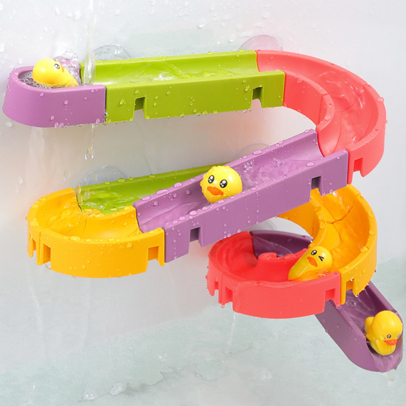 ของเล่นเด็ก DIY สไลด์แทร็กท่อเป็ดสีเหลืองห้องน้ําอ่างอาบน้ําเล่น Rainbow ฝักบัวน้ําของเล่นเพื่อการศึกษาเด็ก