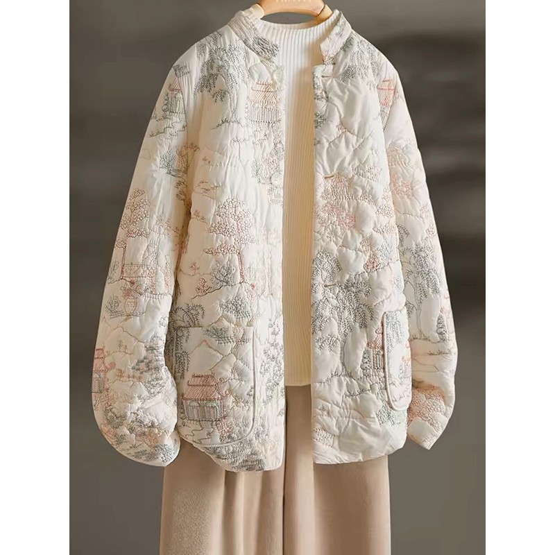 2024 neue Ankunft Herbst/winter Frauen Floral Stickerei Einreiher Vintage Parker Casual Lose Oansatz Langen Ärmeln Mäntel y29