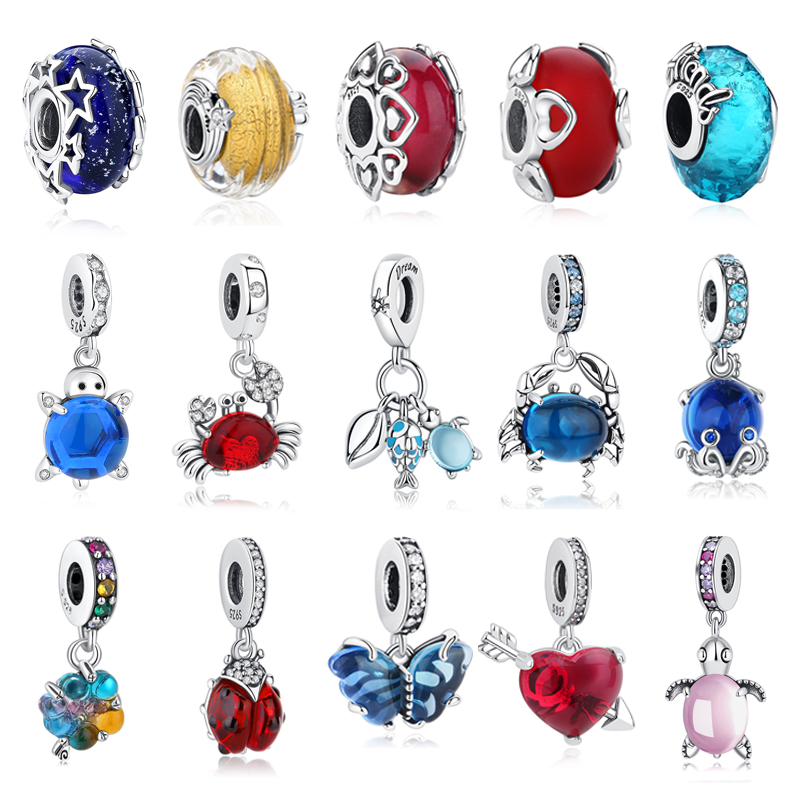 Original 925 Sterling Silber Charms Liebe Herz Schildkröte Murano Glas Anhänger Perlen Fit Pan Armband Halskette Schmuck Für Frauen