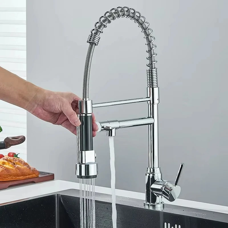 Black/Silver/Chrome Kitchen Faucet with Pull-Down Sprayer, Deck Mount Hot and Cold Water Mixer Faucet, Dual Spout Faucet, Crane